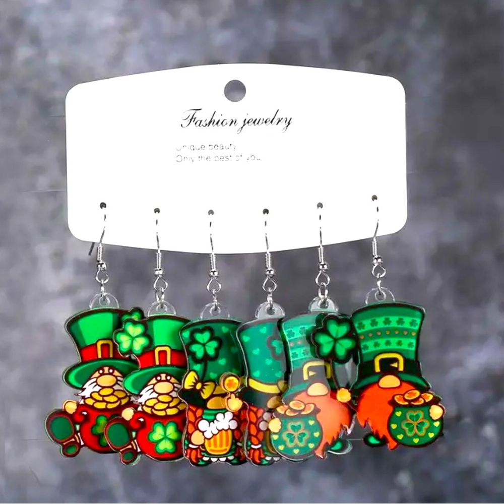 3 Pairs St. Patrick's Day Ear Jewelry Cute Gnome Design Dangle Earrings Cartoon.